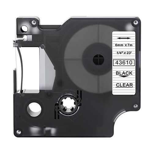 Dymo 43610 kompatible Etikettenband, Schwarz auf transparent, 6mm x 7m